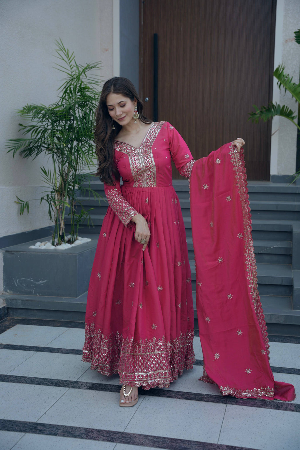 Lorenvalley Fashion Gajari Pink Shimmer Silk Embroidery Sequins Work Anarkali Gown with Dupatta | Grocsy