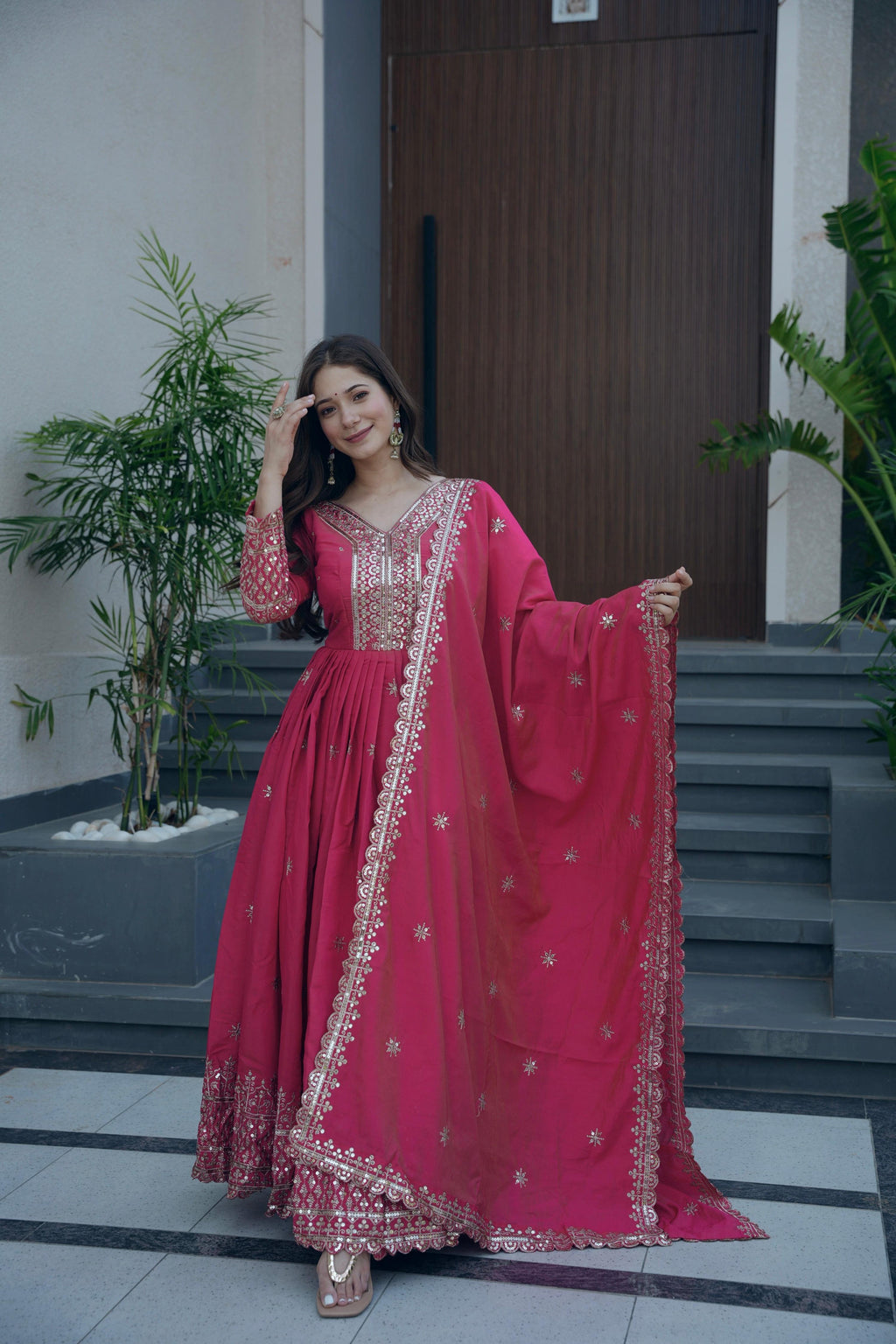 Lorenvalley Fashion Gajari Pink Shimmer Silk Embroidery Sequins Work Anarkali Gown with Dupatta | Grocsy