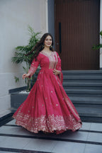 Lorenvalley Fashion Gajari Pink Shimmer Silk Embroidery Sequins Work Anarkali Gown with Dupatta | Grocsy