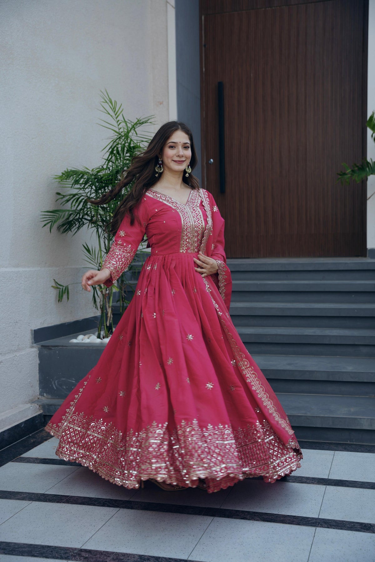 Lorenvalley Fashion Gajari Pink Shimmer Silk Embroidery Sequins Work Anarkali Gown with Dupatta | Grocsy