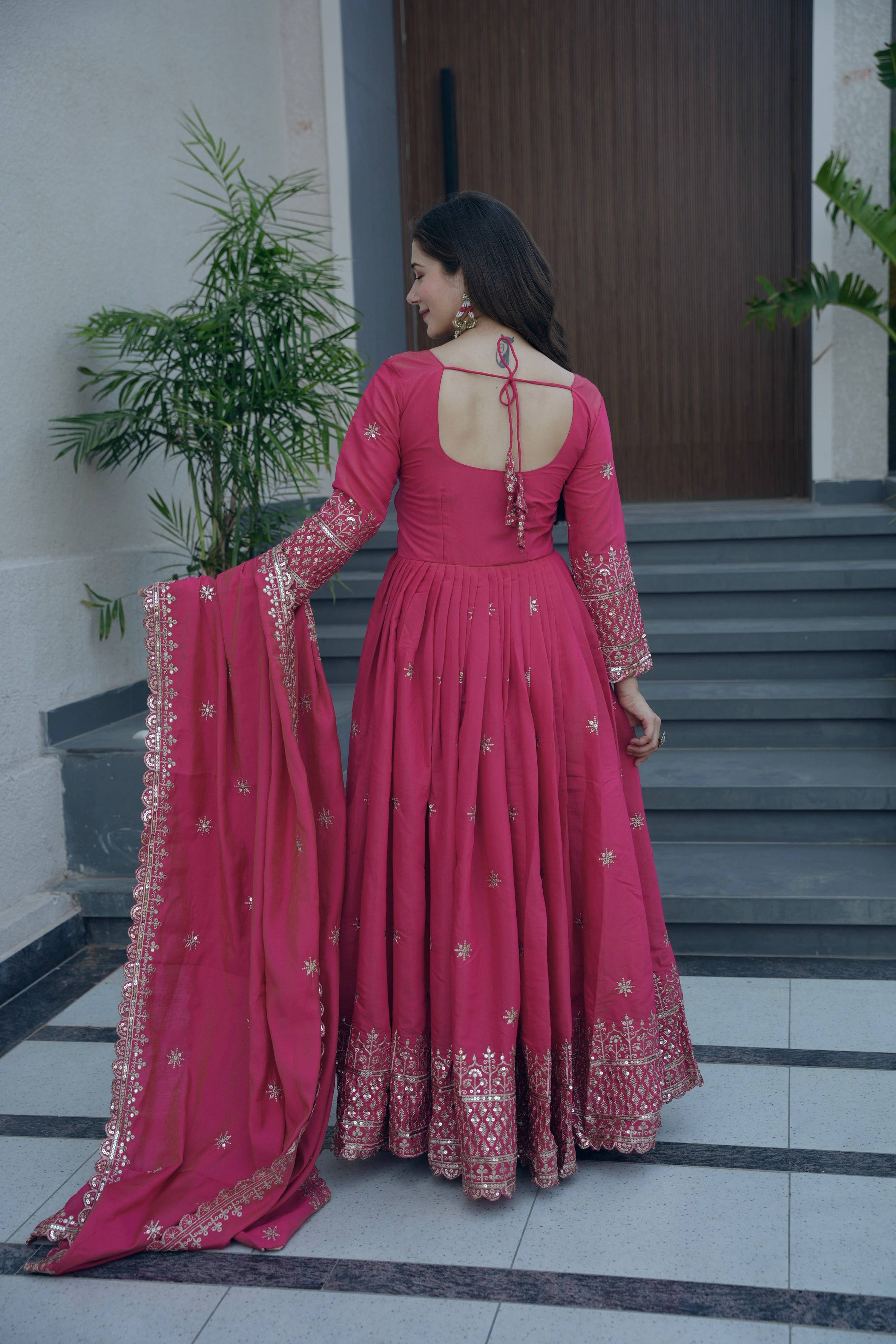 Lorenvalley Fashion Gajari Pink Shimmer Silk Embroidery Sequins Work Anarkali Gown with Dupatta | Grocsy