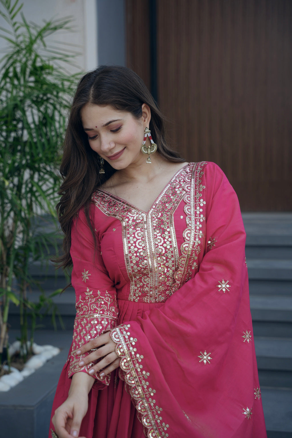 Lorenvalley Fashion Gajari Pink Shimmer Silk Embroidery Sequins Work Anarkali Gown with Dupatta | Grocsy