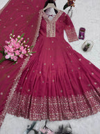 Lorenvalley Fashion Gajari Pink Shimmer Silk Embroidery Sequins Work Anarkali Gown with Dupatta | Grocsy