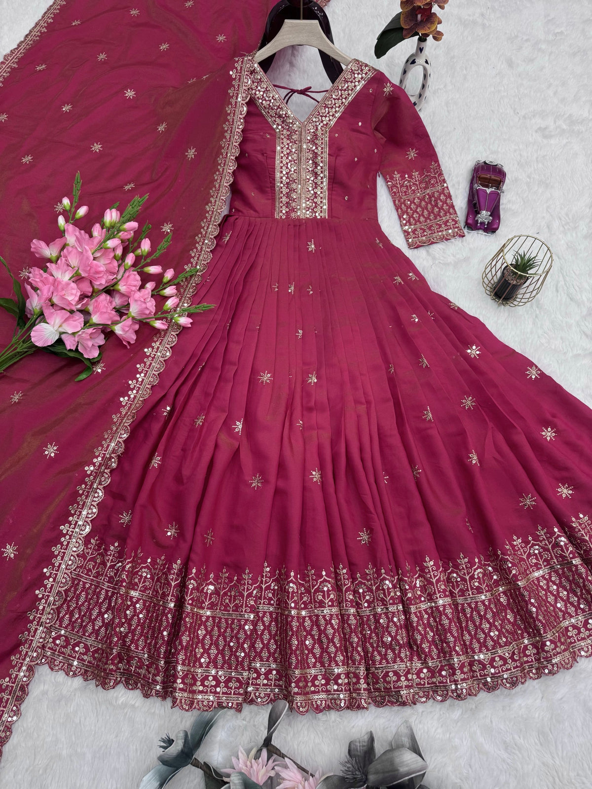 Lorenvalley Fashion Gajari Pink Shimmer Silk Embroidery Sequins Work Anarkali Gown with Dupatta | Grocsy