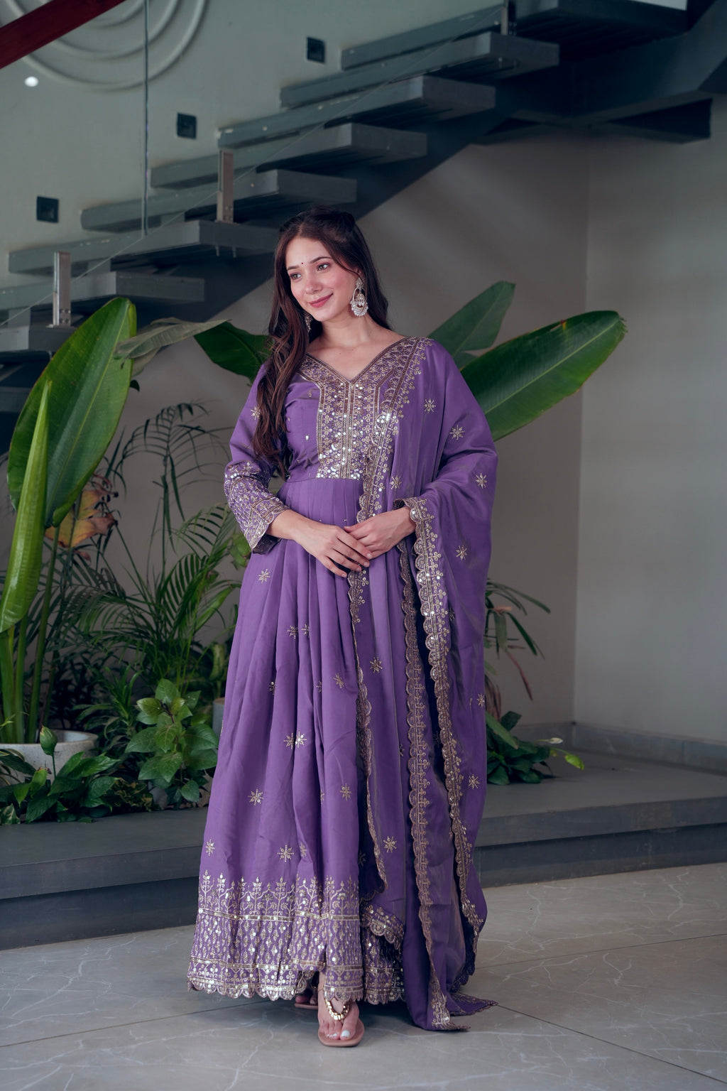 Lorenvalley Fashion Lavender Shimmer Silk Embroidery Sequins Work Anarkali Gown with Dupatta | Grocsy
