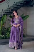 Lorenvalley Fashion Lavender Shimmer Silk Embroidery Sequins Work Anarkali Gown with Dupatta | Grocsy