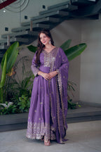 Lorenvalley Fashion Lavender Shimmer Silk Embroidery Sequins Work Anarkali Gown with Dupatta | Grocsy