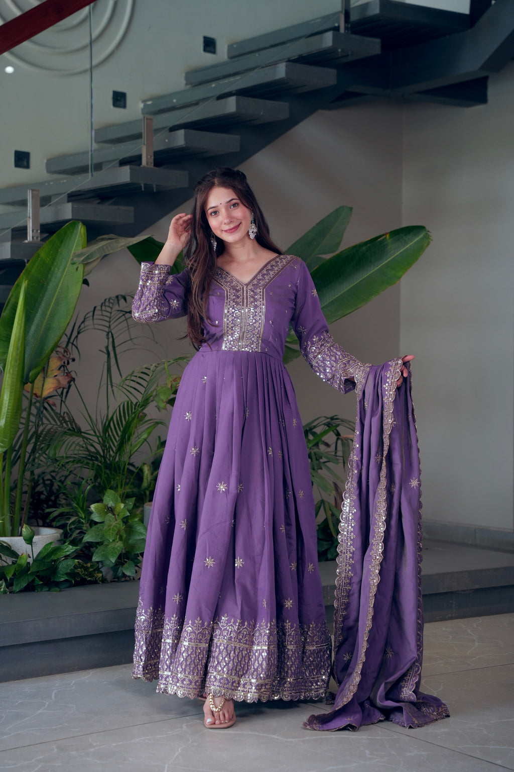 Lorenvalley Fashion Lavender Shimmer Silk Embroidery Sequins Work Anarkali Gown with Dupatta | Grocsy