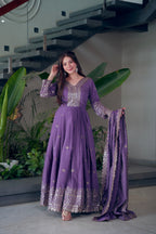Lorenvalley Fashion Lavender Shimmer Silk Embroidery Sequins Work Anarkali Gown with Dupatta | Grocsy