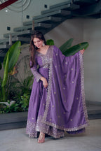 Lorenvalley Fashion Lavender Shimmer Silk Embroidery Sequins Work Anarkali Gown with Dupatta | Grocsy
