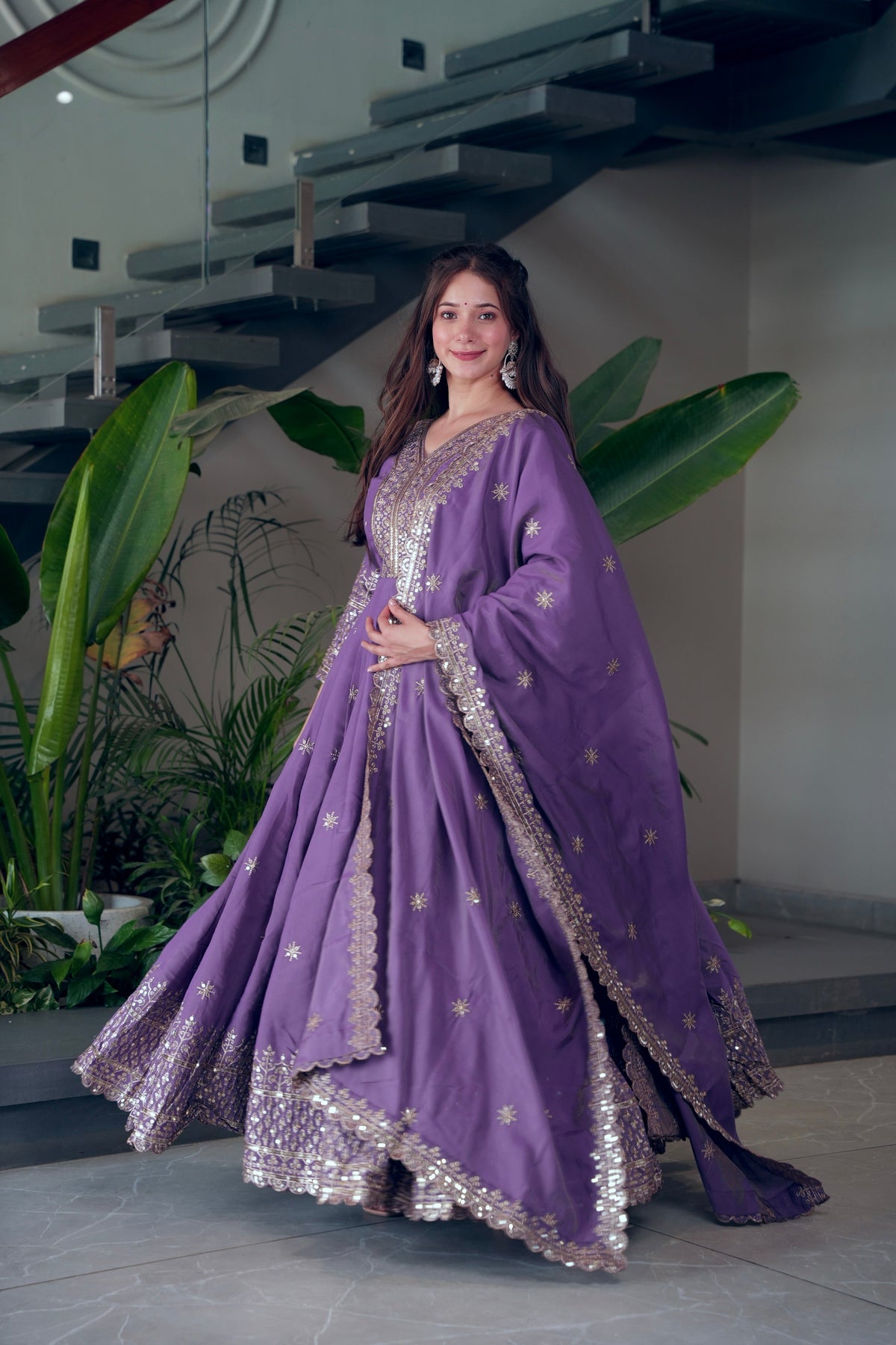 Lorenvalley Fashion Lavender Shimmer Silk Embroidery Sequins Work Anarkali Gown with Dupatta | Grocsy