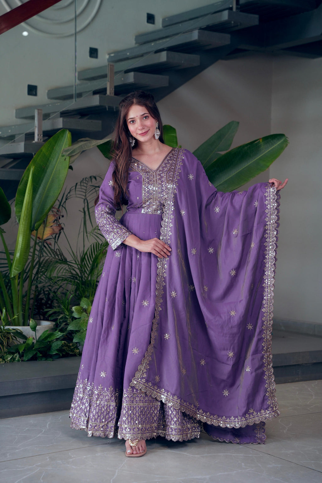 Lorenvalley Fashion Lavender Shimmer Silk Embroidery Sequins Work Anarkali Gown with Dupatta | Grocsy