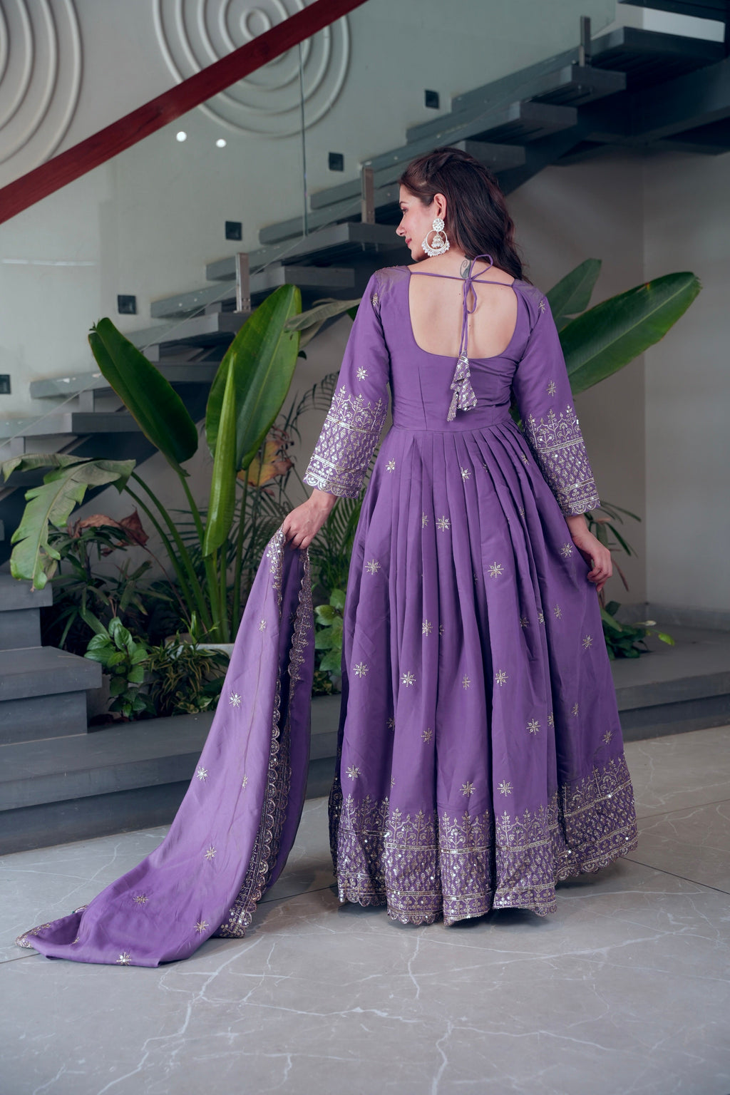 Lorenvalley Fashion Lavender Shimmer Silk Embroidery Sequins Work Anarkali Gown with Dupatta | Grocsy