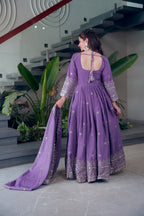 Lorenvalley Fashion Lavender Shimmer Silk Embroidery Sequins Work Anarkali Gown with Dupatta | Grocsy