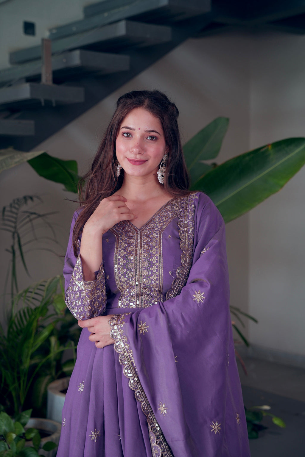 Lorenvalley Fashion Lavender Shimmer Silk Embroidery Sequins Work Anarkali Gown with Dupatta | Grocsy