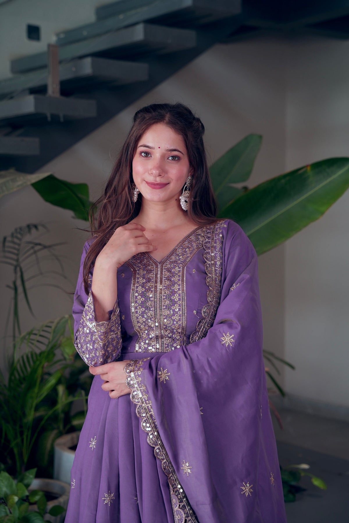 Lorenvalley Fashion Lavender Shimmer Silk Embroidery Sequins Work Anarkali Gown with Dupatta | Grocsy