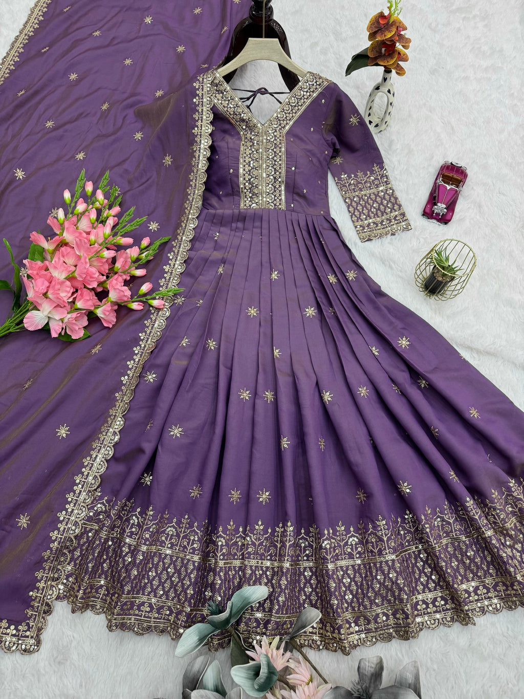 Lorenvalley Fashion Lavender Shimmer Silk Embroidery Sequins Work Anarkali Gown with Dupatta | Grocsy