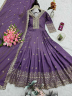 Lorenvalley Fashion Lavender Shimmer Silk Embroidery Sequins Work Anarkali Gown with Dupatta | Grocsy