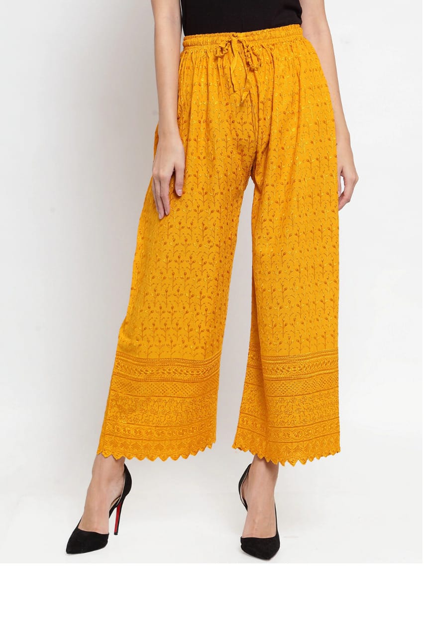PAVONINE Mustard Color Full Chikankari Rayon Fabric Sharara For Women | Grocsy
