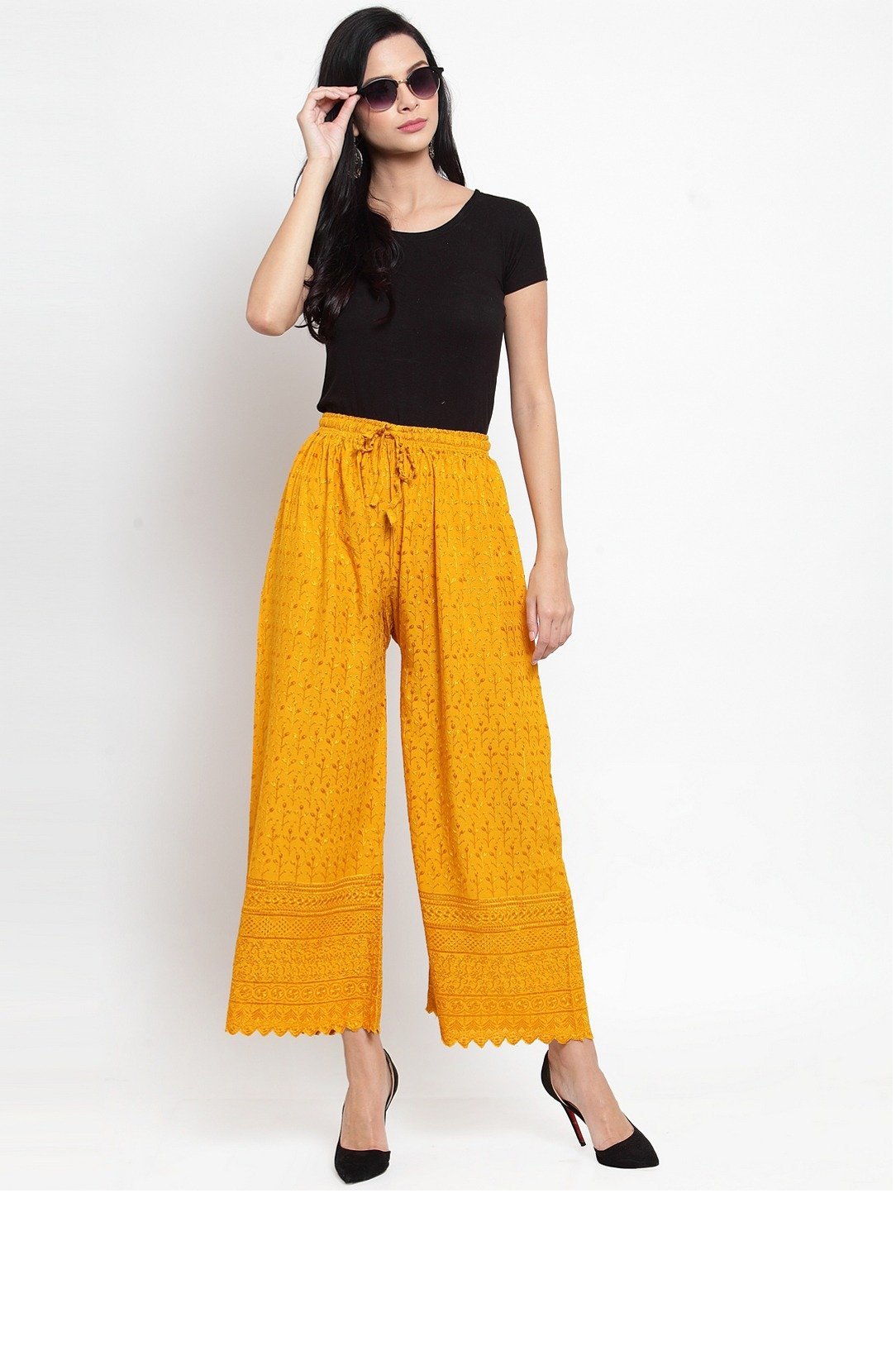 PAVONINE Mustard Color Full Chikankari Rayon Fabric Sharara For Women | Grocsy