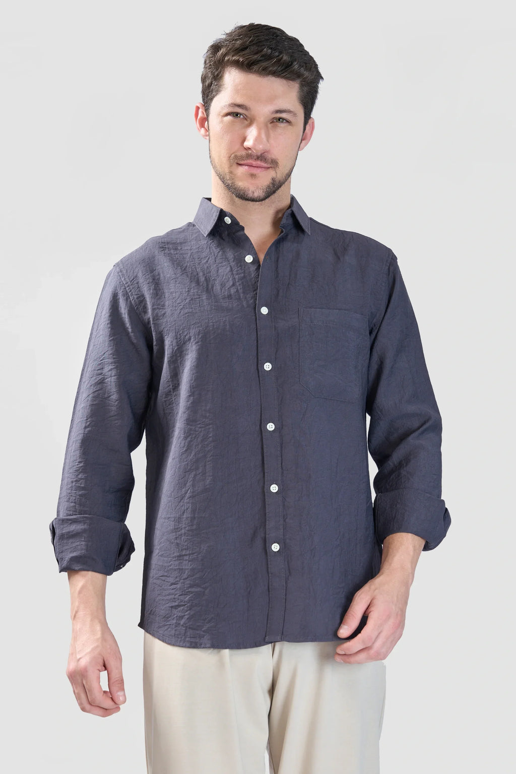 Xkind Dark Grey Crush Wrinkled Regular Fit Shirt | Grocsy