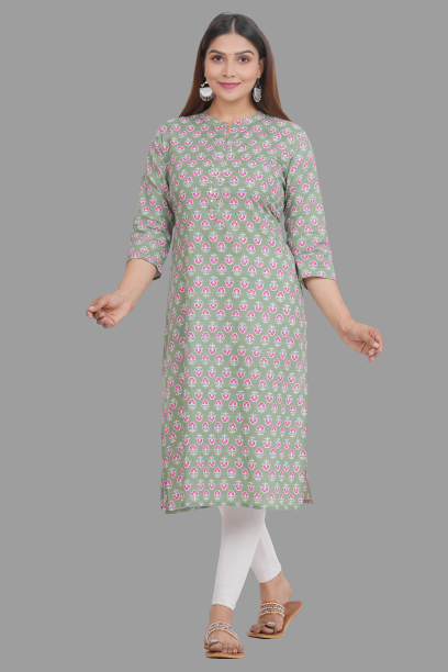 House of RP Women's Green Cotton Floral Print Straight Kurta | Grocsy