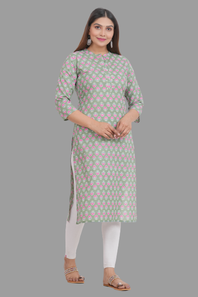 House of RP Women's Green Cotton Floral Print Straight Kurta | Grocsy