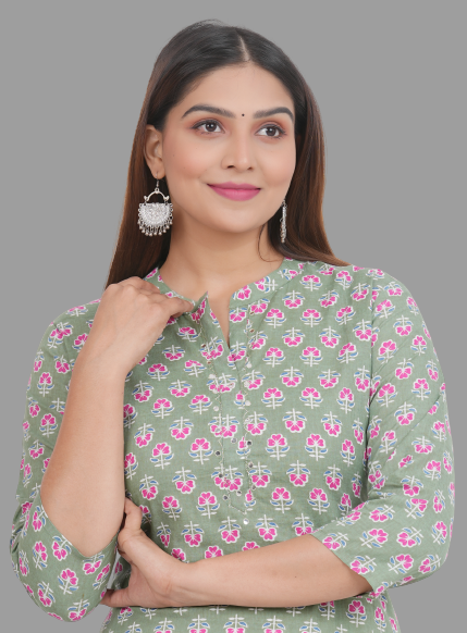 House of RP Women's Green Cotton Floral Print Straight Kurta | Grocsy