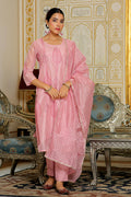 Vaasva Women Pink Chanderi Block Printed Embroidered Kurta Set With Solid Pants & Dupatta | Grocsy