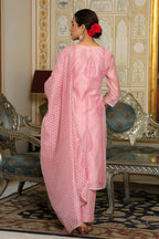 Vaasva Women Pink Chanderi Block Printed Embroidered Kurta Set With Solid Pants & Dupatta | Grocsy