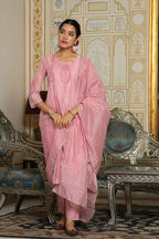 Vaasva Women Pink Chanderi Block Printed Embroidered Kurta Set With Solid Pants & Dupatta | Grocsy