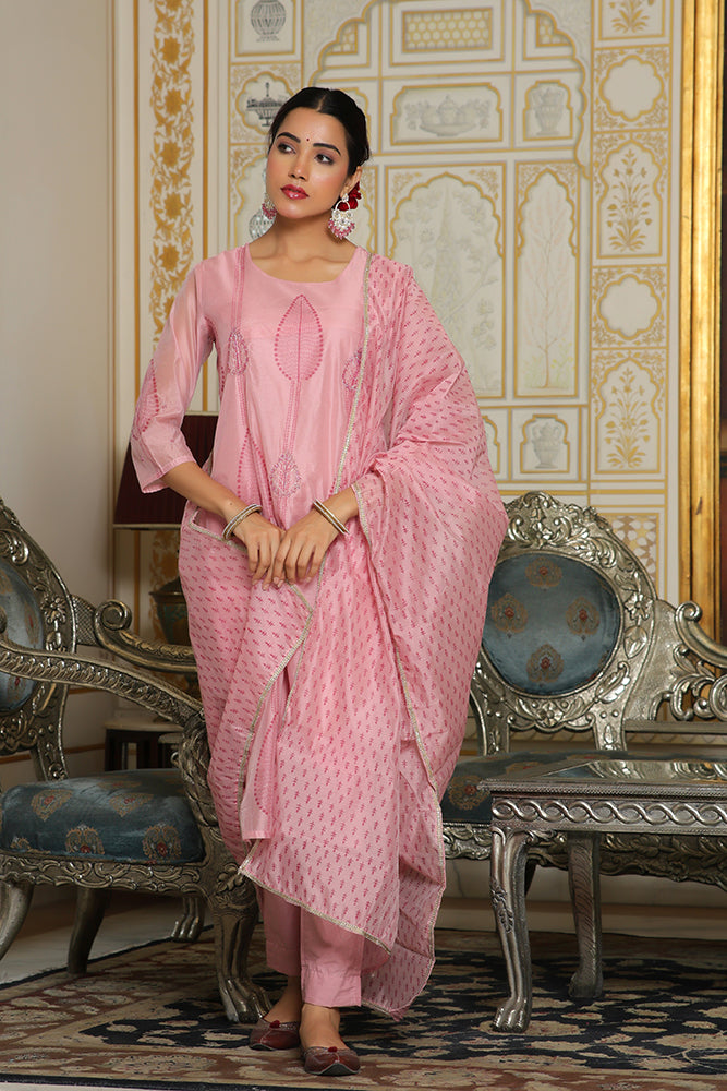 Vaasva Women Pink Chanderi Block Printed Embroidered Kurta Set With Solid Pants & Dupatta | Grocsy