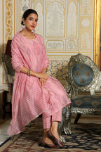 Vaasva Women Pink Chanderi Block Printed Embroidered Kurta Set With Solid Pants & Dupatta | Grocsy
