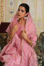 Vaasva Women Pink Chanderi Block Printed Embroidered Kurta Set With Solid Pants & Dupatta | Grocsy