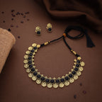 Tehzeeb Creations Black Colour Gold-Polished Stone Jewellery Choker Necklace Set With Matching Pair of Stud Earrings | Grocsy