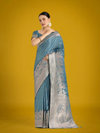 Monjolika Fashion Dusty Cyan Weaving Banarasi Satin Silk Trendy Saree For Festival | Grocsy