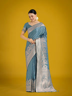 Monjolika Fashion Dusty Cyan Weaving Banarasi Satin Silk Trendy Saree For Festival | Grocsy