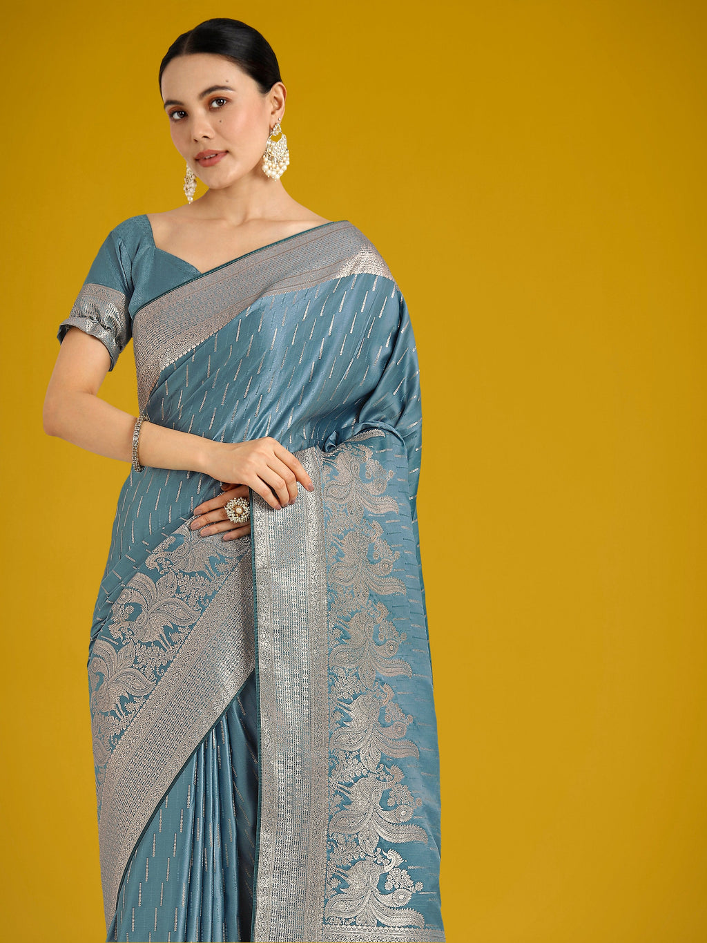 Monjolika Fashion Dusty Cyan Weaving Banarasi Satin Silk Trendy Saree For Festival | Grocsy