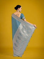 Monjolika Fashion Dusty Cyan Weaving Banarasi Satin Silk Trendy Saree For Festival | Grocsy