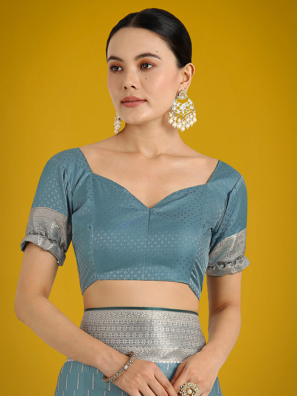 Monjolika Fashion Dusty Cyan Weaving Banarasi Satin Silk Trendy Saree For Festival | Grocsy