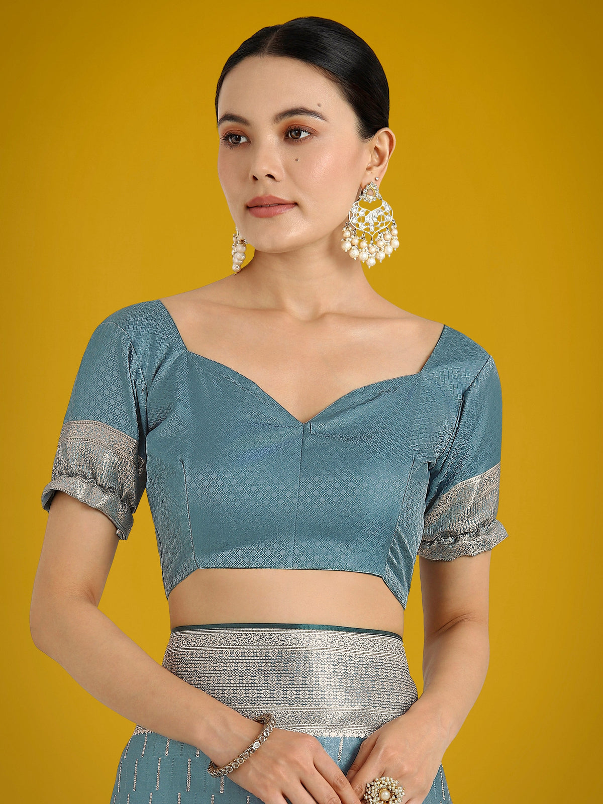 Monjolika Fashion Dusty Cyan Weaving Banarasi Satin Silk Trendy Saree For Festival | Grocsy