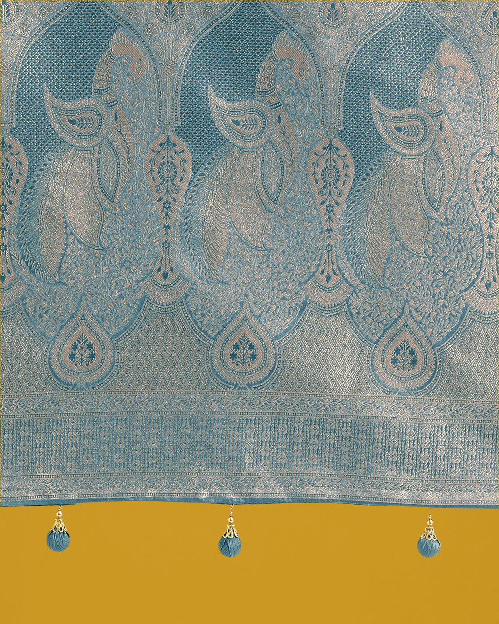 Monjolika Fashion Dusty Cyan Weaving Banarasi Satin Silk Trendy Saree For Festival | Grocsy
