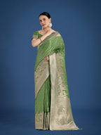 Monjolika Fashion Dusty Green Weaving Banarasi Satin Silk Trendy Saree For Festival | Grocsy