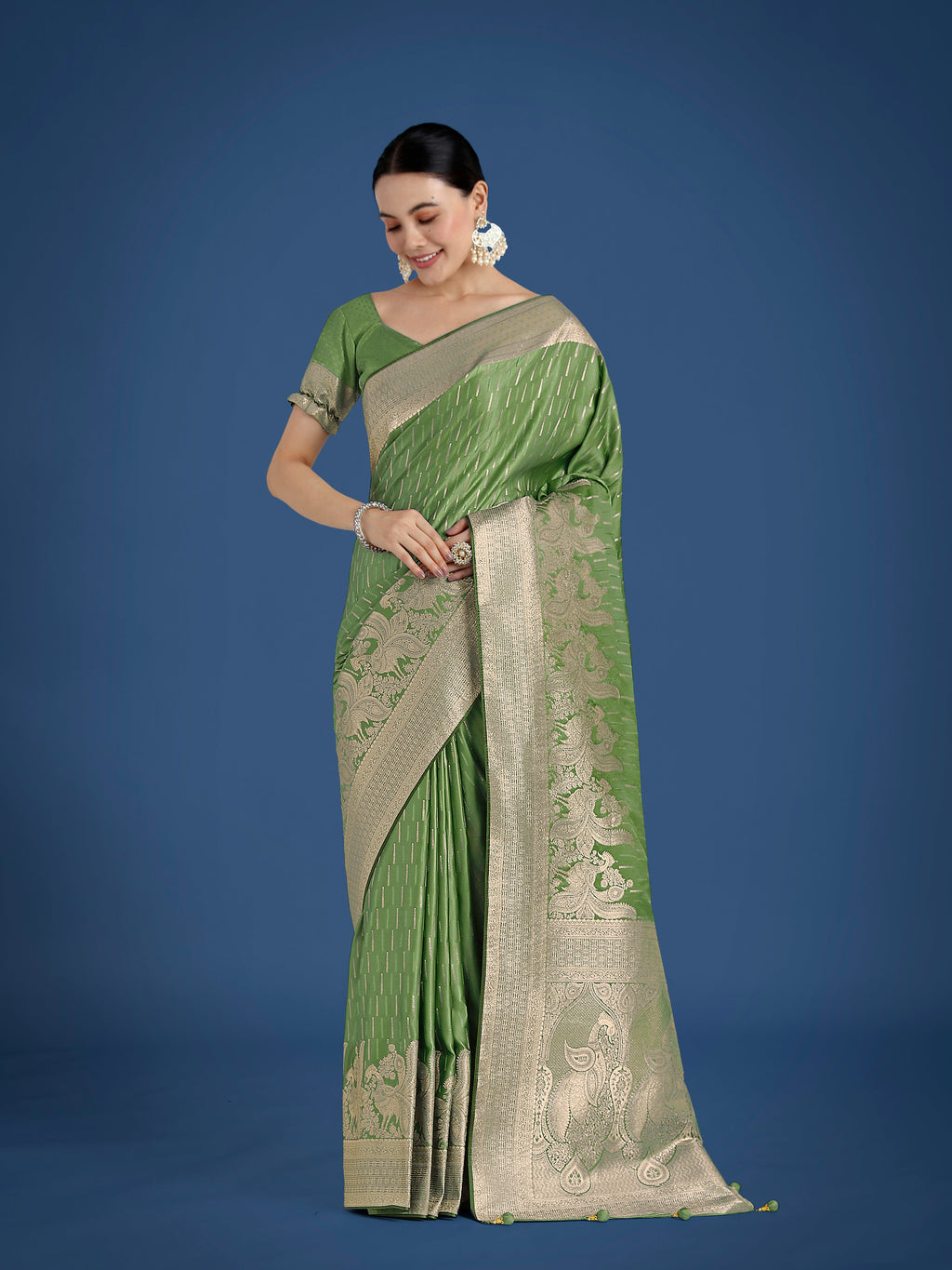 Monjolika Fashion Dusty Green Weaving Banarasi Satin Silk Trendy Saree For Festival | Grocsy