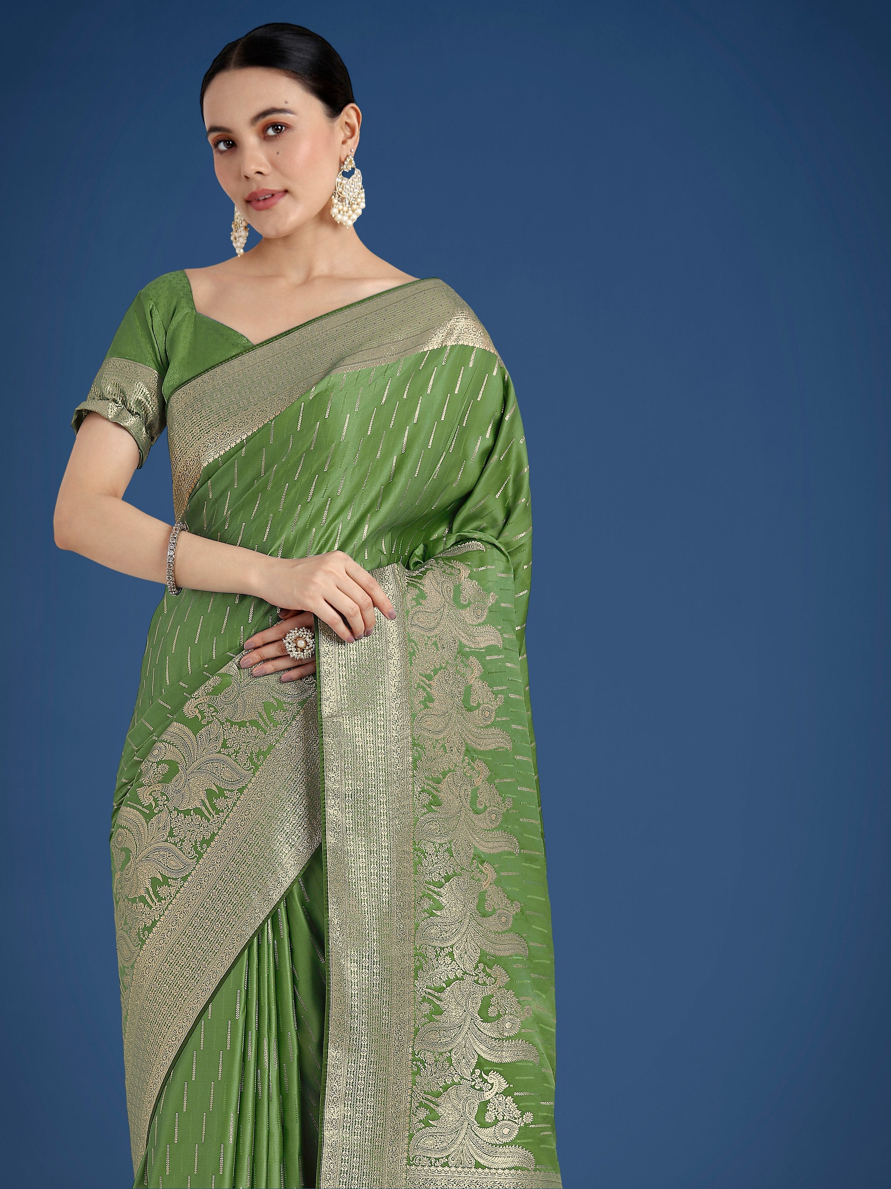 Monjolika Fashion Dusty Green Weaving Banarasi Satin Silk Trendy Saree For Festival | Grocsy