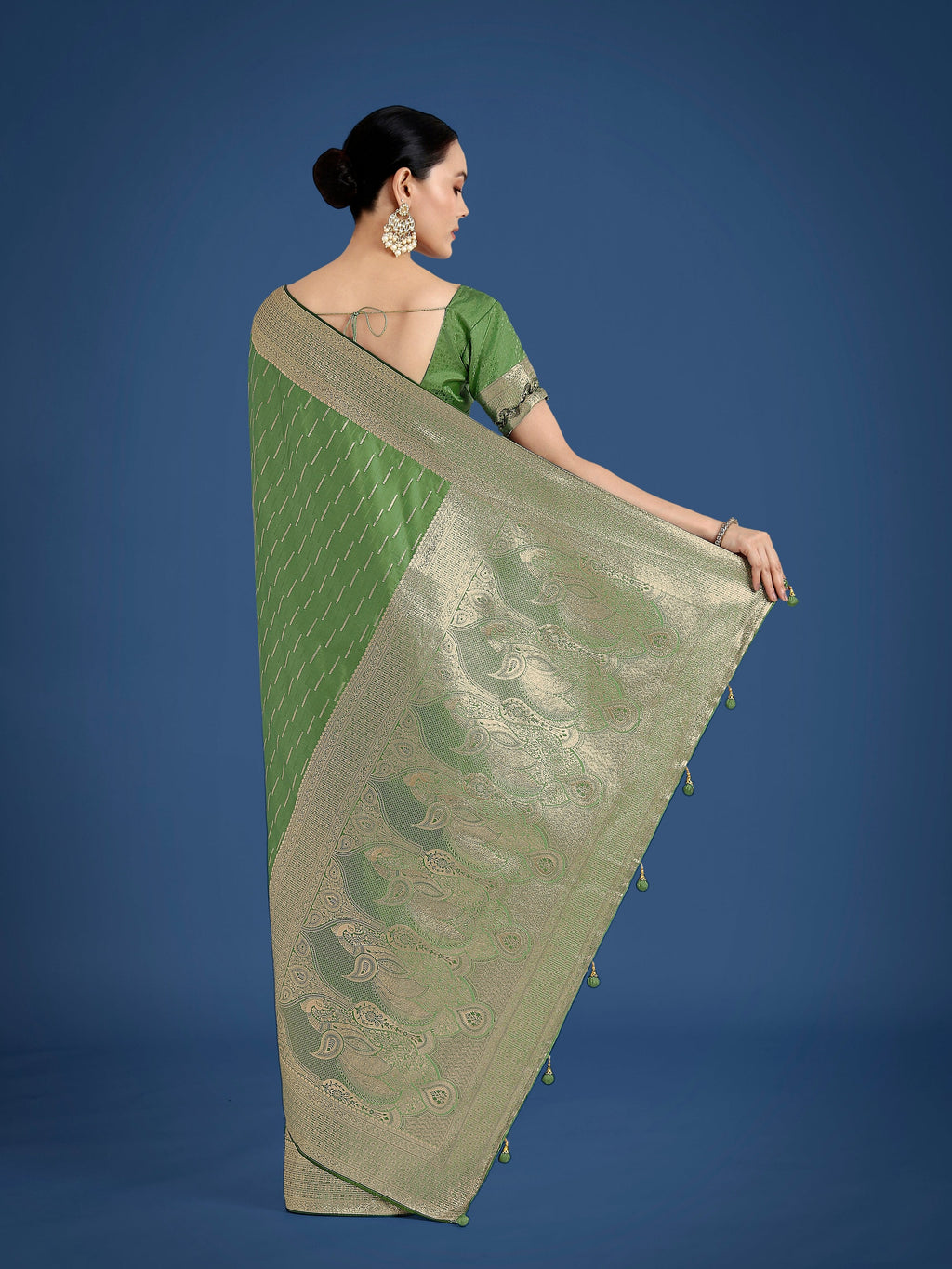Monjolika Fashion Dusty Green Weaving Banarasi Satin Silk Trendy Saree For Festival | Grocsy