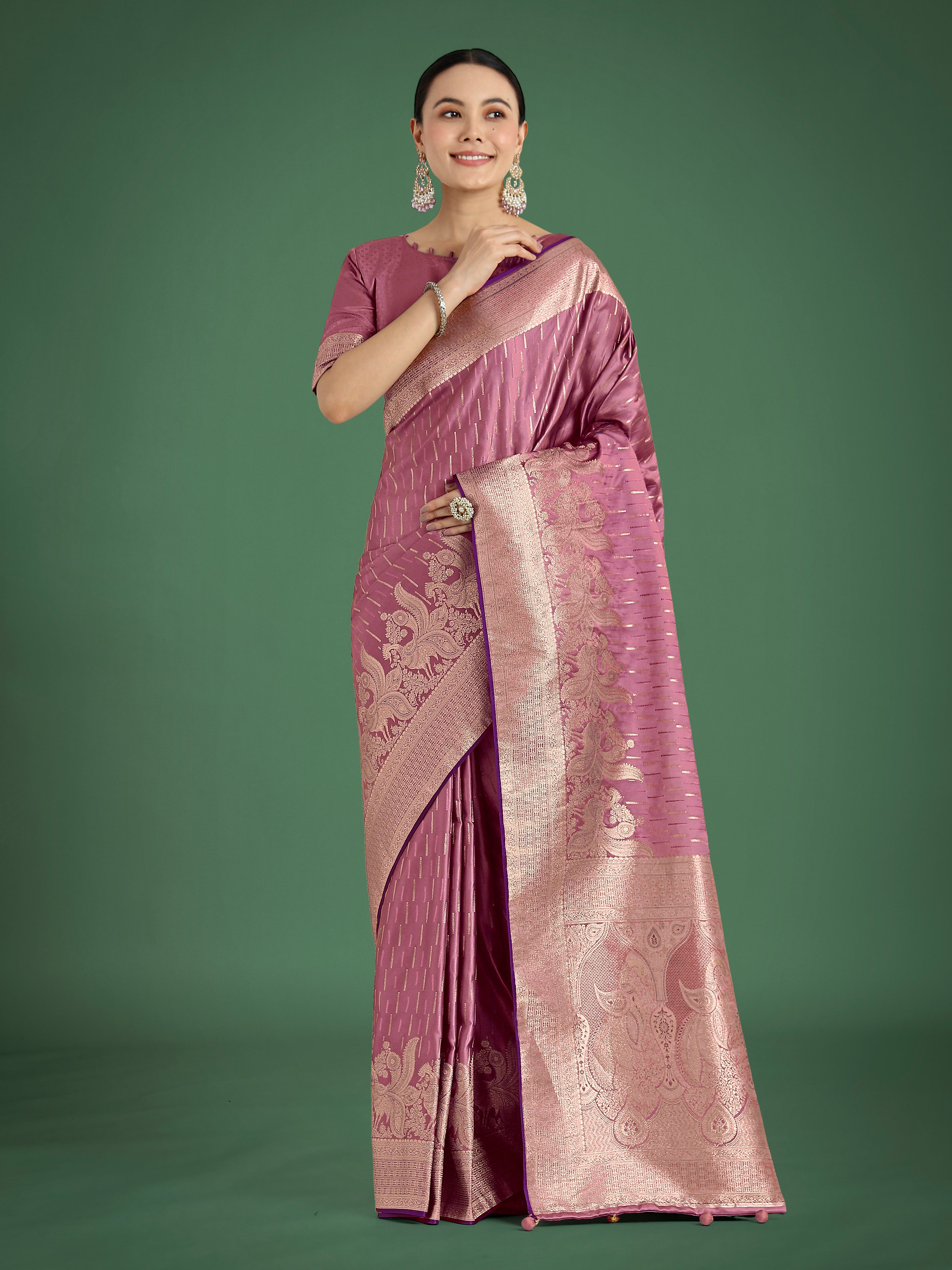 Monjolika Fashion Dusty Rose Pink Weaving Banarasi Satin Silk Trendy Saree For Festival | Grocsy