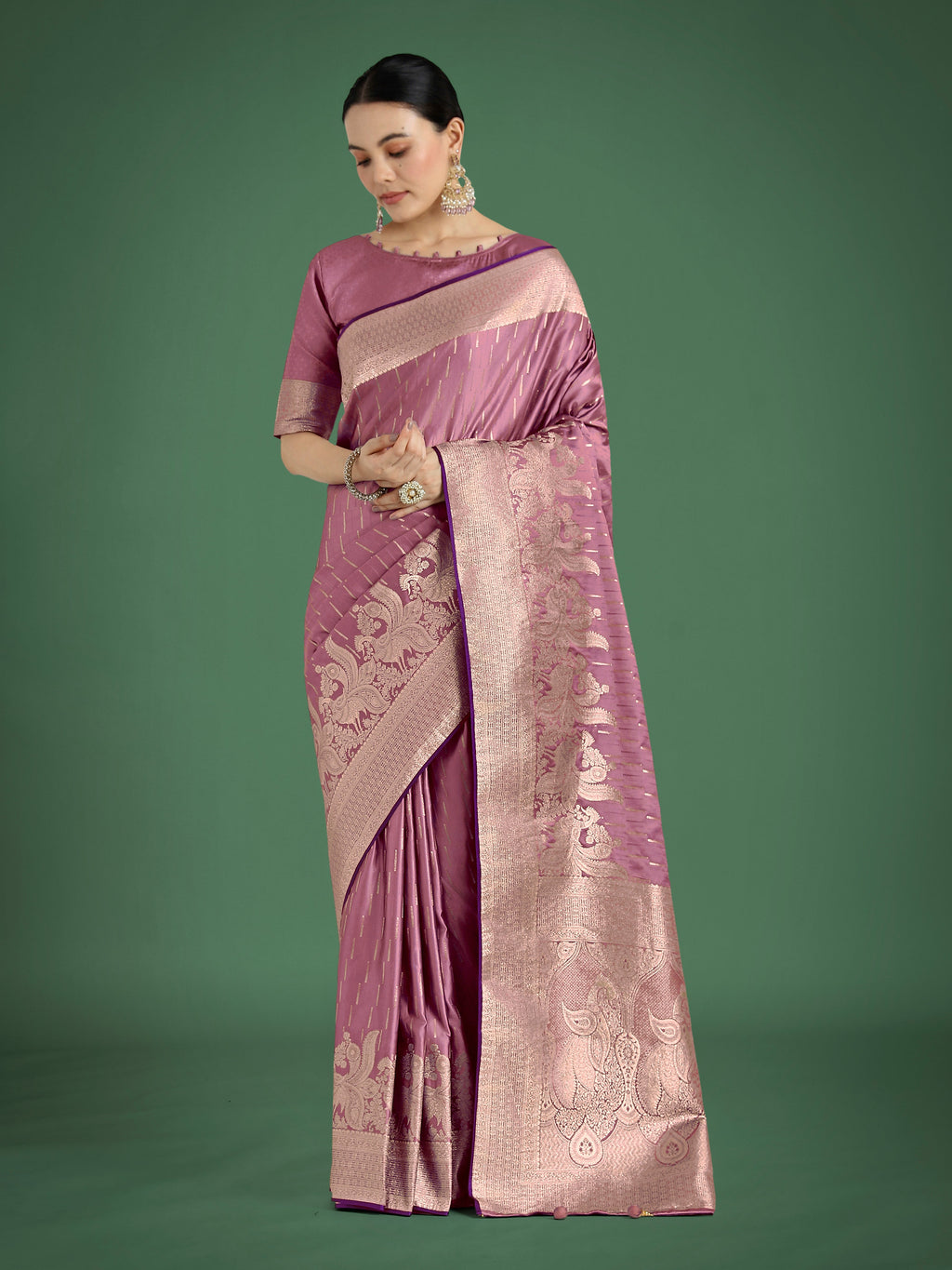Monjolika Fashion Dusty Rose Pink Weaving Banarasi Satin Silk Trendy Saree For Festival | Grocsy