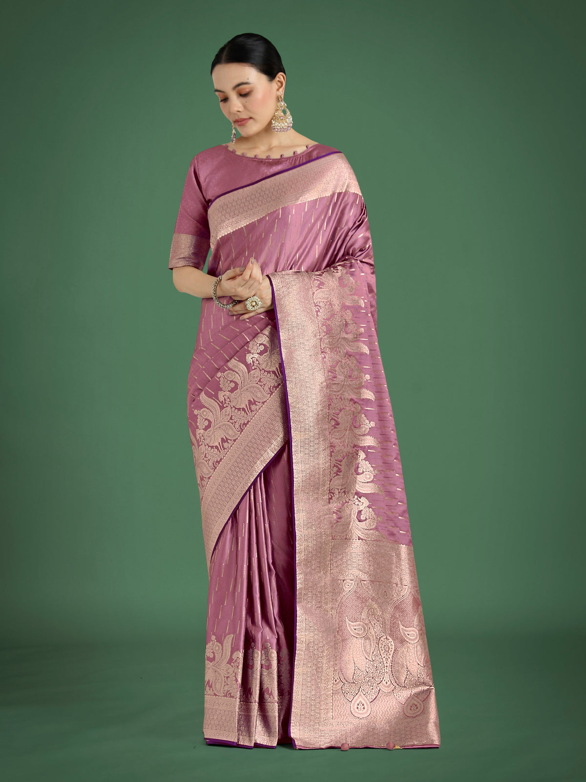 Monjolika Fashion Dusty Rose Pink Weaving Banarasi Satin Silk Trendy Saree For Festival | Grocsy