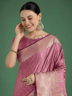 Monjolika Fashion Dusty Rose Pink Weaving Banarasi Satin Silk Trendy Saree For Festival | Grocsy